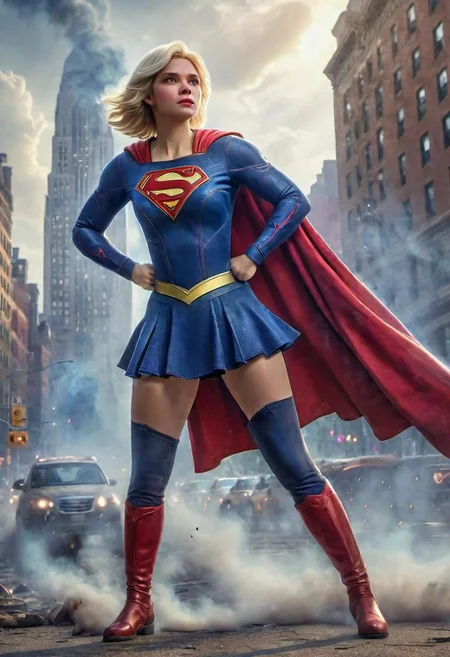 (masterpiece),
blonde, wearing spcc costume with cape,
cute face,
fullbody,
HDR, highly detailed, 32k, amazing quality,
New York background, ultra detailed, , smoke, dust Particles,stylized by Hans Zatzk, vibrant Ray,