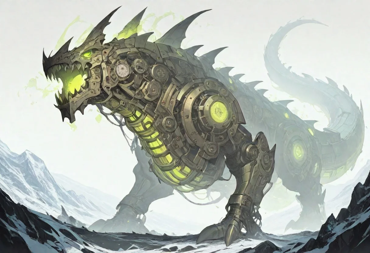 G0thicL1nes, high detail, masterpiece, great detail, high quality, hdr, hd, incredible quality, simple background, landscape, side view, full view, depth, white background, solo, alone, full body, mechanical,Science fiction, steampunk, 19th century, robotic, giant, serpent body, dragon helmet, iron body, orange bronze plates, clockwork engines, six limbs, claws, sharp fangs, green glowing eyes, menacing posture