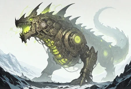 G0thicL1nes, high detail, masterpiece, great detail, high quality, hdr, hd, incredible quality, simple background, landscape, side view, full view, depth, white background, solo, alone, full body, mechanical,Science fiction, steampunk, 19th century, robotic, giant, serpent body, dragon helmet, iron body, orange bronze plates, clockwork engines, six limbs, claws, sharp fangs, green glowing eyes, menacing posture