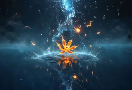 a cosmic flame star rain on top a lake of dark blue water, falling starts, air and earth elements, (masterpiece, best quality, highly detailed,4k, HD, artstation), (magical, air, fire, water, earth:1.2), (composed of fire elements, watereffects, style-paintmagic:1.0)