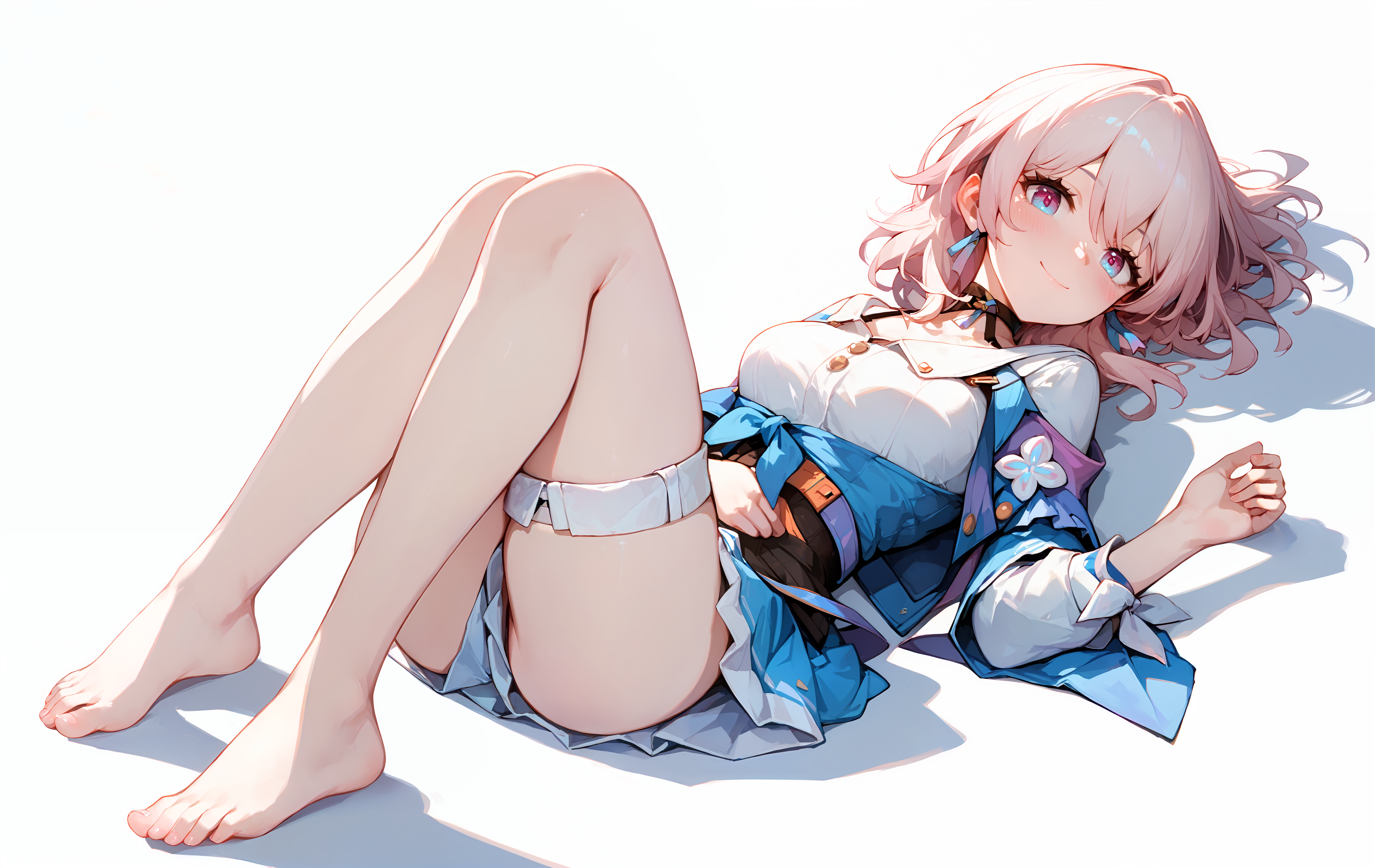 (score_9, score_8_up, score_7_up), 1girl, march7th, choker, thigh strap, barefoot, smile, lying, blush, closed mouth, knees up, simple background, shadow, <lora:march7th-strPO-v1AR:0.9>