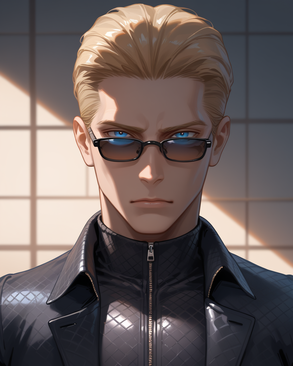 PonyScores7, source_anime, ah1, best quality, (masterpiece:1.4), (high quality:1.4), sharp focus, 4k, absurd resolution, <lora:albertwesker-guy-PONYv1:0.8> albertwesker, albert wesker, 1boy,  blonde, black gloves, (sunglasses:1.3), belt, black coat, black pants, looking at viewer, toned, athletic, fit, slicked back hair, black turtleneck, zipper, mature male, short hair, (graphene textured clothes), black boots, (oppressive overseer, stern with a monocle and a collection of eviction notices), bad-hands-5, <lora:xl_more_art-full_v1:0.2>, <lora:shinyskin2:0.2> glistening skin, <lora:aesthetic_anime_v1s:0.2>, <lora:Expressive_H:0.2> Expressiveh, <lora:hairdetailpxl:0.2> hairdetailpxl, <lora:detailxl:0.2> detailxl, (focused, intense glare), short hair, blue eyes, best quality, amazing quality, best aesthetic, absurdres, <lora:expressive eyes:0.2> expressive eyes, <lora:eyedetailpxl:0.2> eyedetailpxl, illustration, Volumetric_Lighting, ultra-detailed, very aesthetic, intricate details, 8k, masterpiece, best_quality, (angular face, sharp_featured face), <lora:Eyes_High_Definition:0.2> EyesHD, handsome, charming, alluring, AS-MidAged,