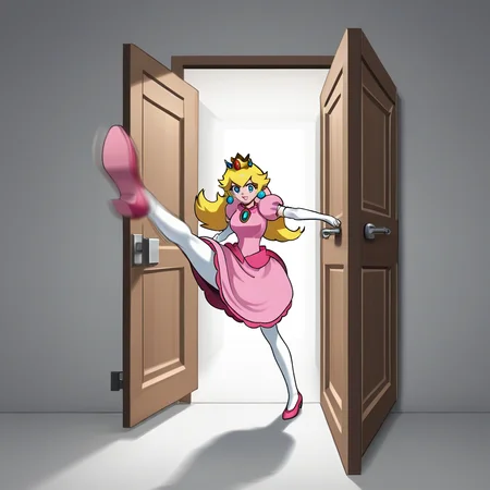 score_9, score_8_up, score_7_up, score_6_up, score_5_up, score_4_up, zPDXL2,source_anime,rating_questionable, 1girl, solo, cowboy shot, smile, indoors, doorway, princess peach <lora:doorkick:0.8> drk1ck, kicking, open door, action lines, motion blur