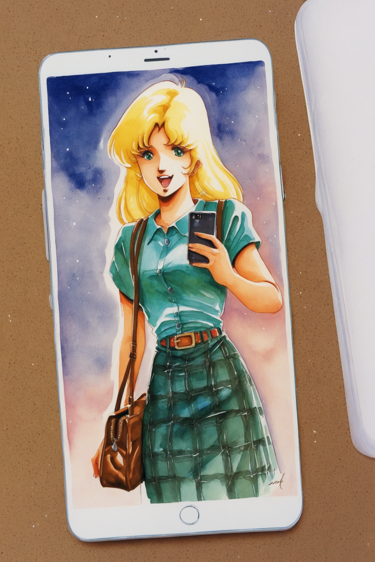 Misa Hayase,1girl,1980s (style),retro artstyle,blonde hair,phone,long hair,solo,plaid,bag,skirt,open mouth,holding,cellphone,talking on phone,holding phone,short sleeves,handbag,green eyes,belt,shirt,traditional media,watercolor (medium),score_9,score_8_up,source_anime,<lora:Haruhiko Mikimoto_XL_PONY_V2:0.8>,