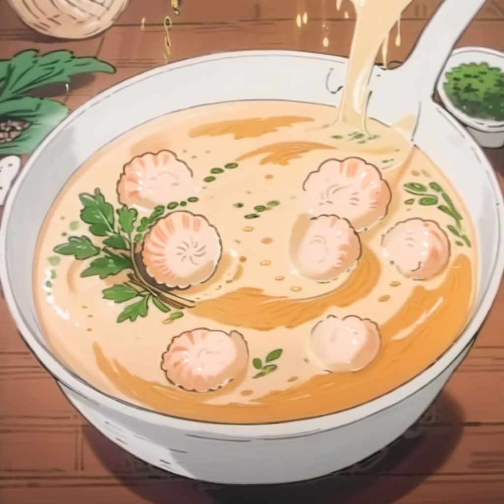 A whimsical cartoon illustration of a bowl brimming with creamy scallop soup. The soup is a rich, golden color, with plump, perfectly cooked scallops floating amidst vibrant green herbs and flecks of spices. Steam rises playfully from the surface in delicate swirls. The bowl, with a quirky, colorful design, sits on a rustic wooden table, accompanied by a spoon with a fun, twisty handle. The background is softly blurred, with hints of a cozy kitchen setting, emphasizing the inviting warmth of the dish, <lora:food_ichiban:1>