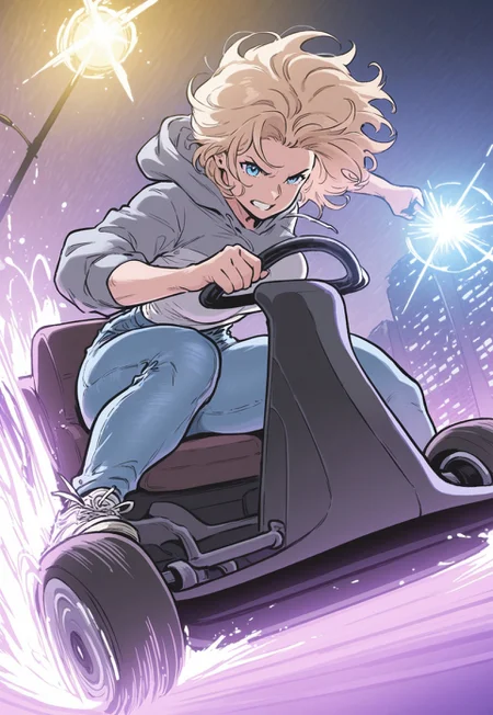 1girl, solo, detailed face, detailed eyes, Dazzler, blue eyes, blonde hair, messy ponytail, thick thighs, medium breasts, toned female, 
BREAK
grey hoodie, hood down, blue denim jeans, white footwear, converse sneakers,  
BREAK
side-view, from side, sitting, in driver's seat, (holding steering wheel, feet on pedals), (racing, drifting, driving, go-kart:1.3), motor vehicle, ground vehicle, speed lines, motion blur, motion lines, determined expression, narrowed eyes, purple aura,
BREAK 
outdoors, tokyo city, at night, wide streets, lamp-post illumination, detailed background,
BREAK
(safe_pos, fine texture, masterpiece, ultra-detailed, very aesthetic, absurdres, volumetric lighting, scenery, newest, absolutely eye-catching, rating_explicit),
BREAK.