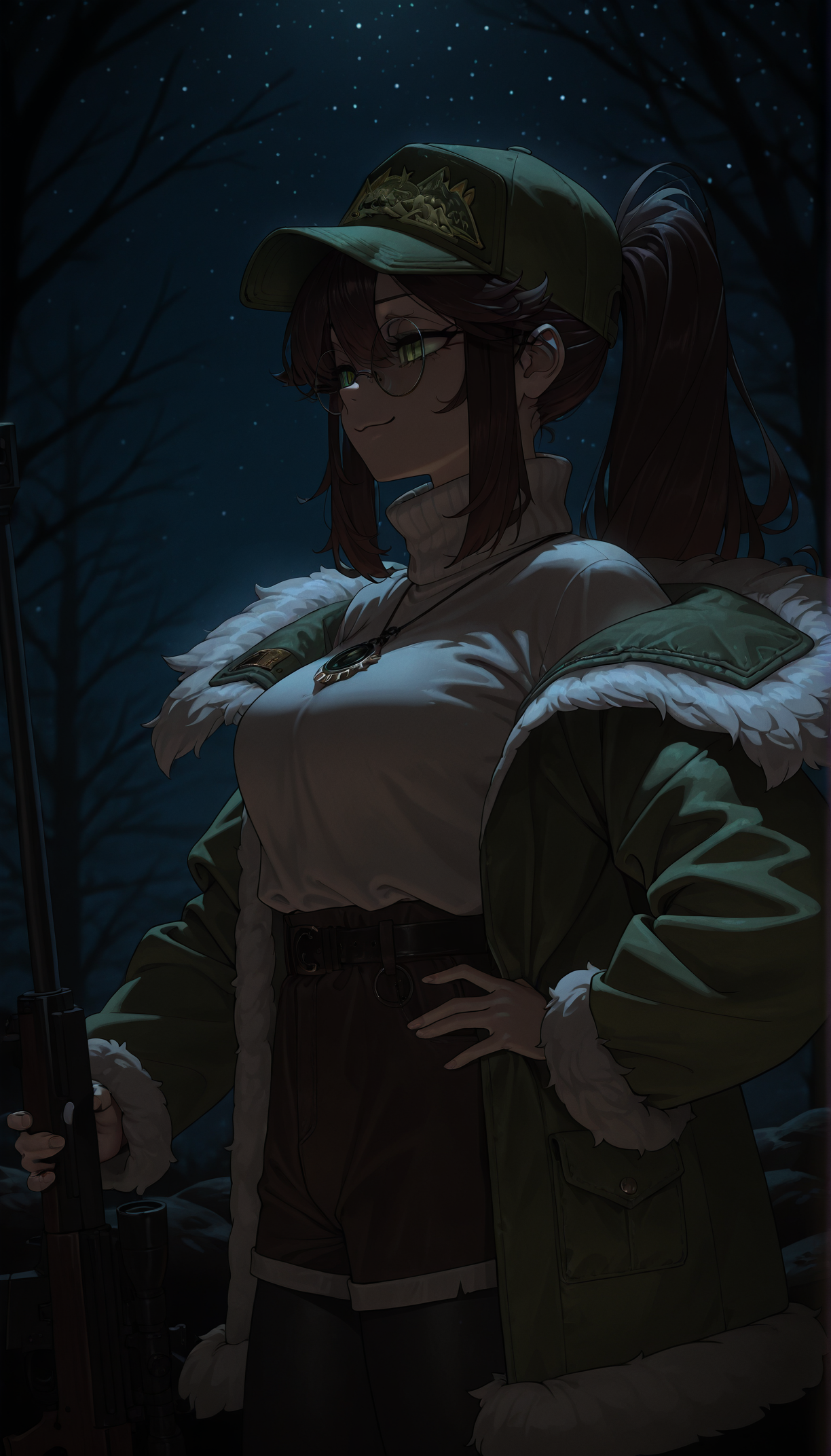 embedding:lazypos, 
old sniper rifle, scary florest, night, from side, smug, smile, holding sniper, hand on hips,  
1girl, kara wilderwood, green jacket, fur trim, green eyes, brown hair, high ponytail, necklace, large breasts, white sweater, turtleneck, belt, dark brown shorts, black leggings, green baseball cap, round eyewear,