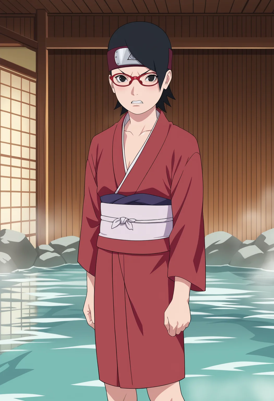 score_9, score_8_up, score_7_up, source_anime,anime screencap,anime coloring,intricate details,
uncensored,
sarada,1girl, black hair, glasses, red-framed eyewear, short hair, black eyes,
small breasts, angry, kimono,
standing, solo,
boruto: naruto next generations,
perfect anatomy,
scenery,indoors, contrast,onsen,
<lora:Sarada 39 mid:1>