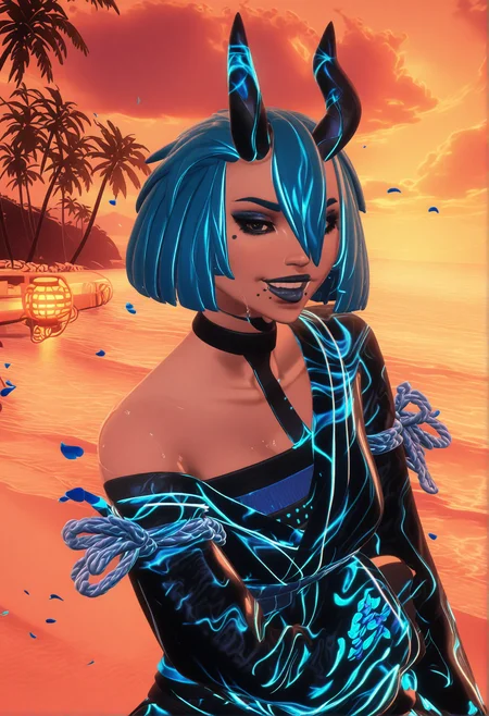 GLSHS,delicate colors,partially illuminated, (masterpiece, absurdres, very awa:1.4), golden hour, orange theme, sunset, beach, rocks, beach ball, sand, palm tree, smug, looking at viewer, female focus, (portrait:1.3), fortniterimeflownightrosedefault, 1girl, short hair, bob cut, bangs, blunt bangs, blue hair, aqua hair, white hair, hair over one eye, hair between eyes, black eyes, black sclera, blue lips, black lips, makeup, eyeshadow, open mouth, smile, mole, moles, moles under mouth, mole under mouth, two moles under mouth, bare shoulders, off shoulder, choker, black choker, single horn, horns, black horns, gloves, black gloves, jacket, dress, kimono, floral print, japanese clothes, sash, patterned, see-through, belt, long sleeves, wide sleeves, thighhighs, boots, blue footwear, high heels, breasts, water, wet skin, towel draped around body, cleavage, steam, gentle ripples in water, warm lantern glow, flower petals floating on water, <lora:GLSHS-IL:1.3>, <lora:Fortnite_The_Night_Rose_All_Outfits_ILXL:1.1>, <lora:dmd2_sdxl_4step_lora:1>