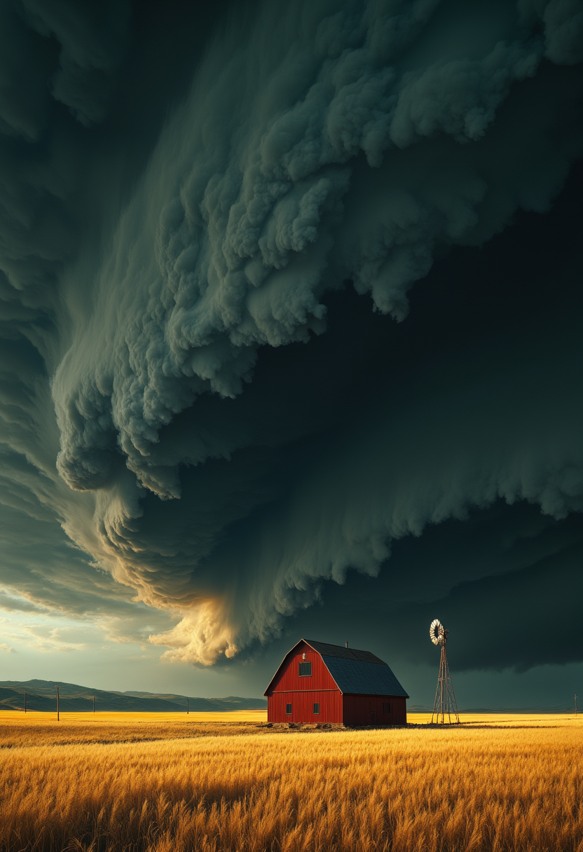  A vast rural landscape under the looming presence of an enormous, swirling storm cloud. A small red barn with a pitched roof stands isolated in the middle of an open field, next to a lone windmill. The sky is dominated by an ominous wall of dark, churning clouds, stretching across the horizon, evoking an impending disaster. The golden wheat field in the foreground sways in the wind, contrasting against the dark storm. A few telephone poles line the distant road, adding to the sense of isolation. The atmosphere is cinematic and dramatic, with painterly textures and a moody color palette. Concept art style, highly detailed, dynamic lighting, stormy rural landscape. ,, (watercolor effect:0.63), (professional photo, balanced photo, balanced exposure:1.2)


.,, elegant, intricate, chrome, silver, golden ratio, viewed from the side, hued background, DOLOMITE,  , 

,  Otherworldly atmosphere. aidmamj6.1
(Depth of field), low saturation,detail. mythp0rt Stylish, charismatic.c.


(Depth of field),,detail. mythp0rt Stylish, charismatic. ,.
<lora:domiswaunfluxmini:1>
