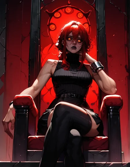 score_9, score_8_up, score_7_up, detailed background, realistic lighting, sitting on throne,
1 girl, detailed eyes,slim and fit, solo, dynamic pose, mature adult female,
Kydra, red hair, hair glow, dark lips, sleeveless turtleneck, skirt, thigh highs, metal cuffs, tired,
<lora:Kydra-000010:0.7>,
<lora:Pony - Style - Sinozick_Style:1> sinozick style, flat color, dark theme