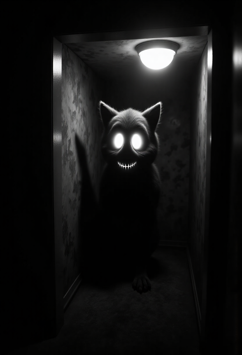 Night room, dark room, completely darkened room, sepia, grainy, creepy environment. Creepypasta is a scary entity in the form of a dogman with very big eyes and a scary smile. A creepy look from the shadows.
