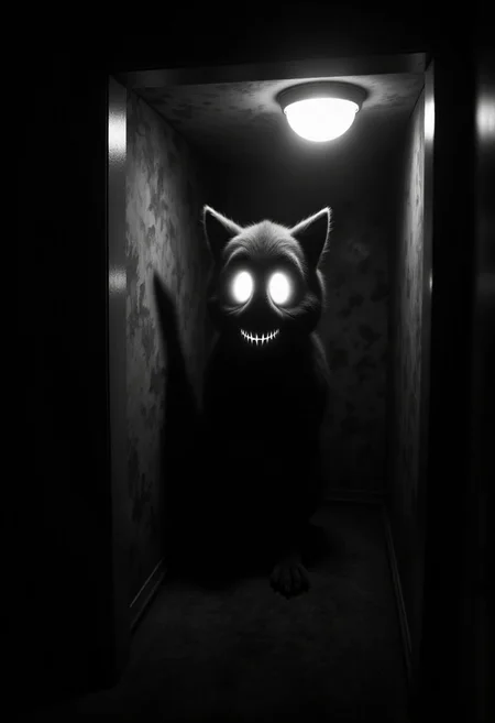 Night room, dark room, completely darkened room, sepia, grainy, creepy environment. Creepypasta is a scary entity in the form of a dogman with very big eyes and a scary smile. A creepy look from the shadows.
