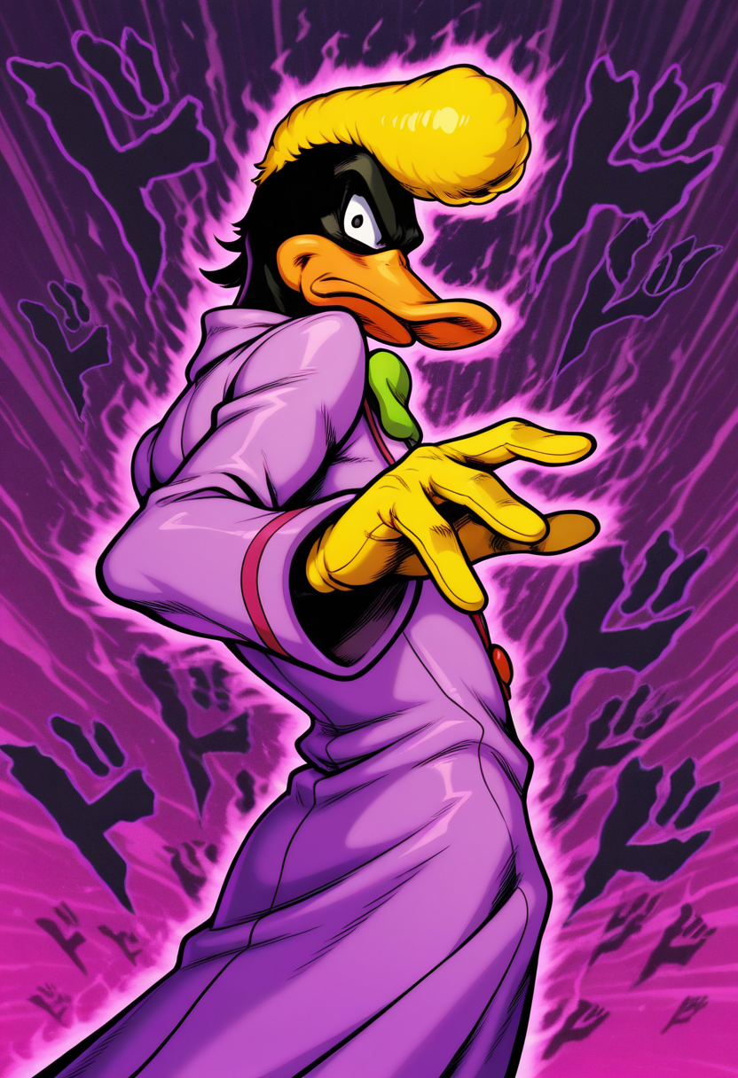 masterpiece, best quality, Graphic Design, color art, vibrant colors, colorful, intricate details, high contrast, detailed background, beautiful detailed, beautiful face, detailed eyes, detailed face, new, newest, z00td4ffy, 1boy, solo, male focus, furry, duck, black skin, beak, black eyes, yellow hair, pompadour, suit, formal, purple coat, yellow gloves, green bowtie, jojo pose, menacing, purple aura, cowboy shot, from behind, profile, 
