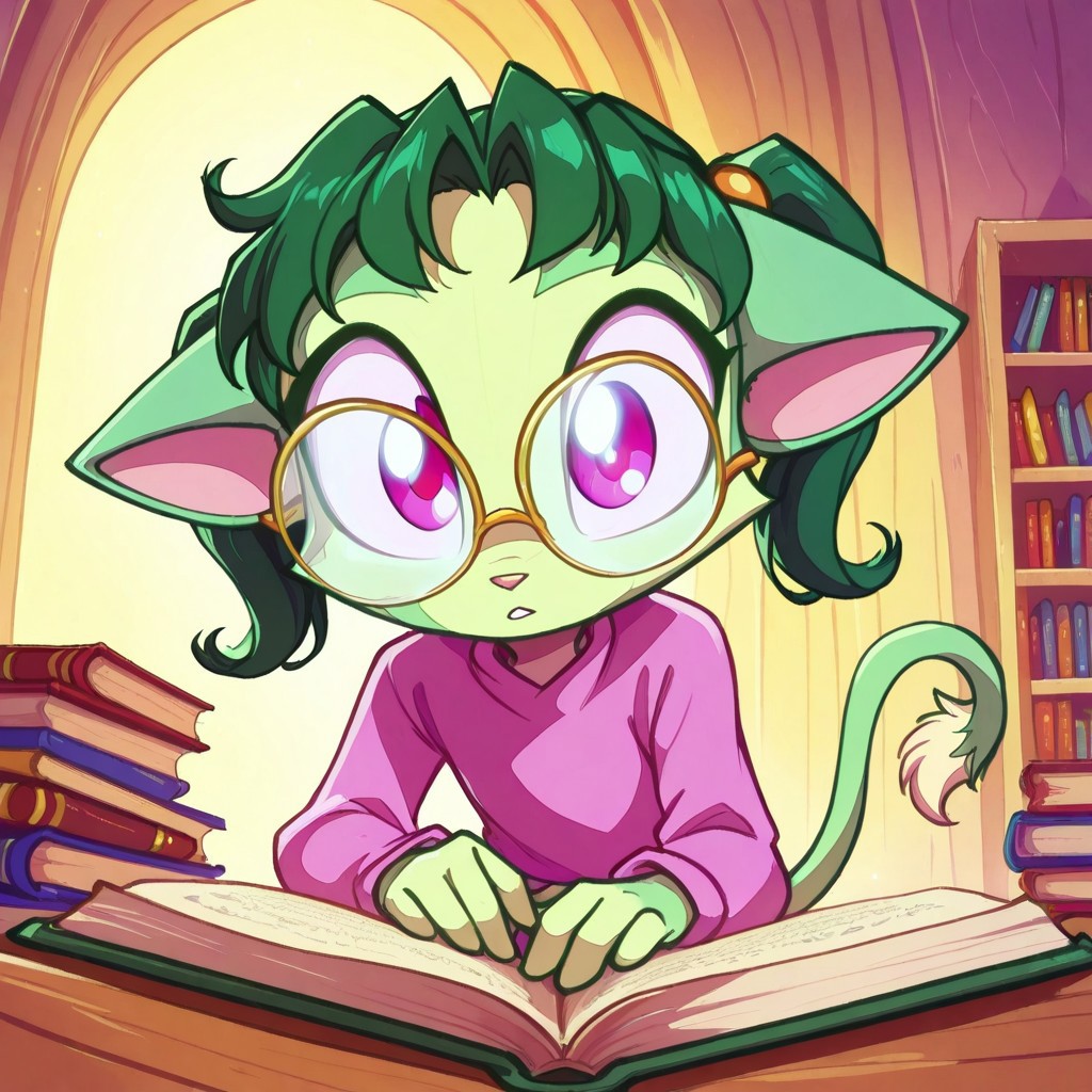 Dreamkeepers,1girl,prelude_lilith,solo,furry,tail,green hair, source_furry,glasses,magenta eyes,
child, kid, 
storybook, circle_of_kids, library_background, animated_expression, fairy_tale_theme, colorful_illustrations, engaged_listeners, warm_ambiance,  reads a fairy tale to wide-eyed children, her voice rising and falling with the story. The library glows with warm light and imagination.