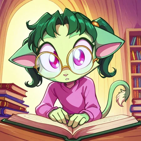 Dreamkeepers,1girl,prelude_lilith,solo,furry,tail,green hair, source_furry,glasses,magenta eyes,
child, kid,
storybook, circle_of_kids, library_background, animated_expression, fairy_tale_theme, colorful_illustrations, engaged_listeners, warm_ambiance, reads a fairy tale to wide-eyed children, her voice rising and falling with the story. The library glows with warm light and imagination.