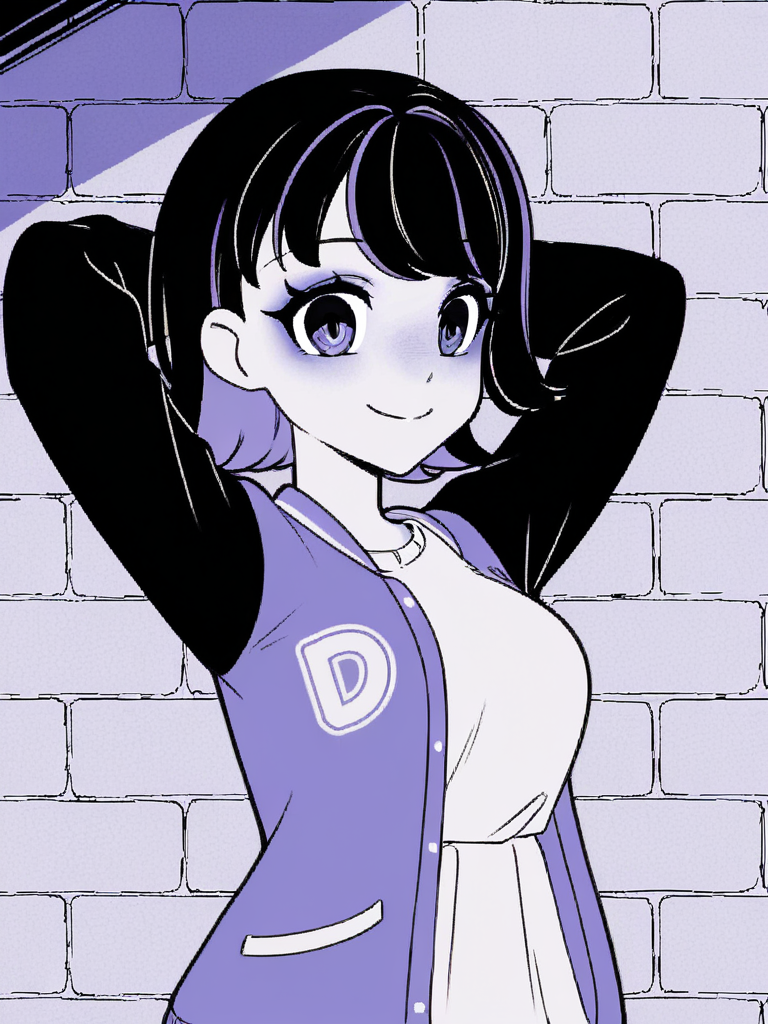 1girl, monochrome, purple theme, 

black hair, medium hair, two tone hair, purple hair,

standing, upper body, brick wall,
looking at viewer, smile, closed mouth,

white t-shirt, varsity jacket, arms behind head, 
