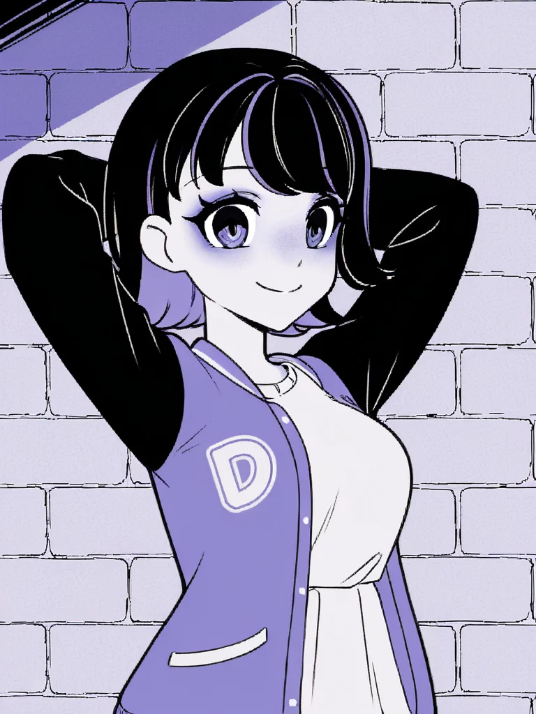 1girl, monochrome, purple theme,
black hair, medium hair, two tone hair, purple hair,
standing, upper body, brick wall,
looking at viewer, smile, closed mouth,
white t-shirt, varsity jacket, arms behind head,
