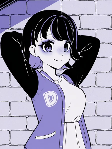 1girl, monochrome, purple theme,
black hair, medium hair, two tone hair, purple hair,
standing, upper body, brick wall,
looking at viewer, smile, closed mouth,
white t-shirt, varsity jacket, arms behind head,