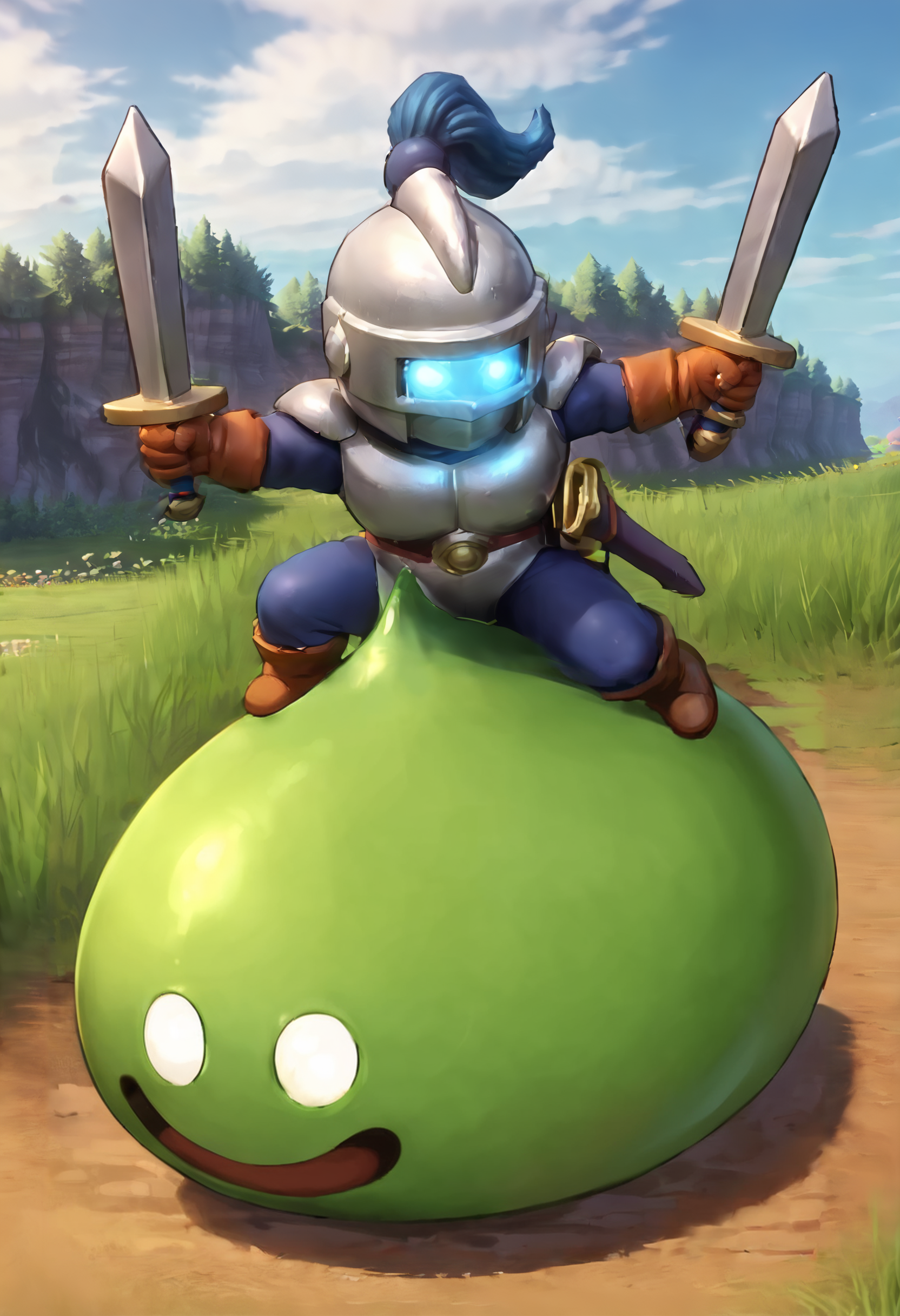 score_9,score_8_up,score_7_up,best quality,masterpiece,super detailed,extreme detailed,full_body,zPDXL BREAK nature,field,
<lora:Pony_DetailV2.0:1>,slime knight,slime_(dragon_quest),armor,holding sword,dual wielding,helmet,knight,<lora:slime knight-v2:0.7>,fighting stance,riding,glowing eyes,