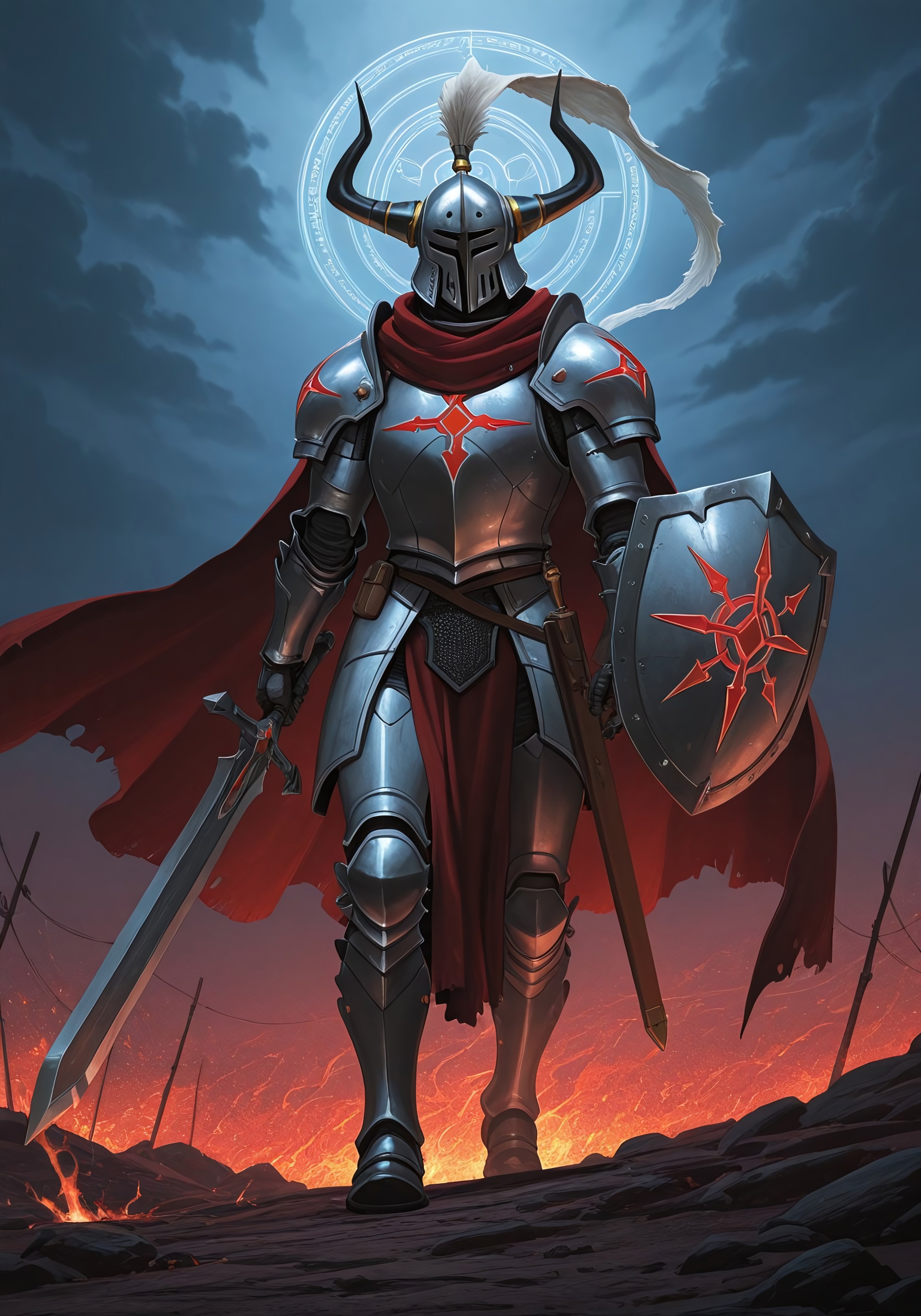 “Full-body anime painting of a lone knight standing in a dark desert at night, three-quarter side view. He wears heavy, reflective white medieval plate armor with a subtle diagonal scratch across the chest. His helm is a traditional great helm with narrow vertical steel bars resembling prison grates, topped with a large, ornate white plume reminiscent of a peacock's crest. A long red cloak edged with plush white fur billows behind him like roaring flames, its hem trailing sparks of drifting red ash. In his right hand, he firmly grips a broad, long, double-edged sword with a subtly engraved fuller and a worn leather-wrapped hilt; the tip peeks from its sheath on his back, angled toward the ground and catching a crisp moonbeam. The blade is slightly weathered, with faint nicks along the edge. In his left hand, he holds a traditional heater-shaped shield, surrounded by a soft red-white magical aura. Thin wisps of mist curl at his feet where swirling sand and dust lift in the wind beneath his steps. Above, a scattering of tiny white and dim red stars peek through wisps of night clouds, and a silver moonbeam breaks through, casting soft highlights and long shadows. Subtle glowing runes flicker along his pauldrons. His head is bowed in sorrow and weariness, the bars of his helm casting shadow stripes over his chest. Ultra-realistic yet distinctly anime, high-resolution, cinematic lighting, ethereal atmosphere.”​