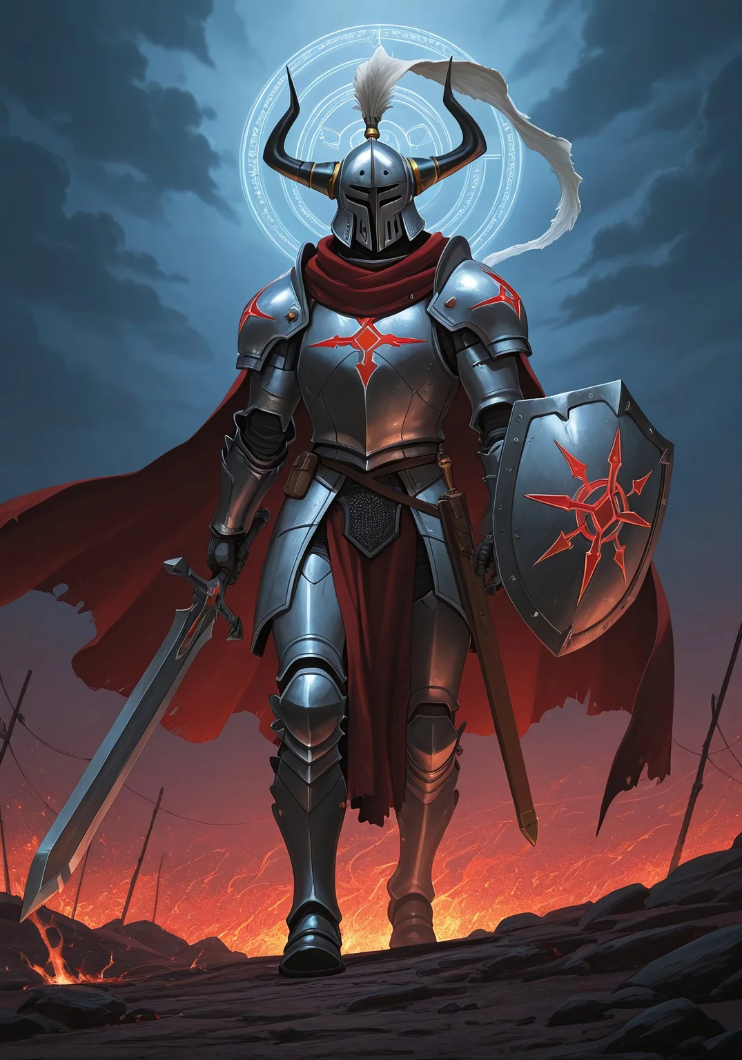 “Full-body anime painting of a lone knight standing in a dark desert at night, three-quarter side view. He wears heavy, reflective white medieval plate armor with a subtle diagonal scratch across the chest. His helm is a traditional great helm with narrow vertical steel bars resembling prison grates, topped with a large, ornate white plume reminiscent of a peacock's crest. A long red cloak edged with plush white fur billows behind him like roaring flames, its hem trailing sparks of drifting red ash. In his right hand, he firmly grips a broad, long, double-edged sword with a subtly engraved fuller and a worn leather-wrapped hilt; the tip peeks from its sheath on his back, angled toward the ground and catching a crisp moonbeam. The blade is slightly weathered, with faint nicks along the edge. In his left hand, he holds a traditional heater-shaped shield, surrounded by a soft red-white magical aura. Thin wisps of mist curl at his feet where swirling sand and dust lift in the wind beneath his steps. Above, a scattering of tiny white and dim red stars peek through wisps of night clouds, and a silver moonbeam breaks through, casting soft highlights and long shadows. Subtle glowing runes flicker along his pauldrons. His head is bowed in sorrow and weariness, the bars of his helm casting shadow stripes over his chest. Ultra-realistic yet distinctly anime, high-resolution, cinematic lighting, ethereal atmosphere.”