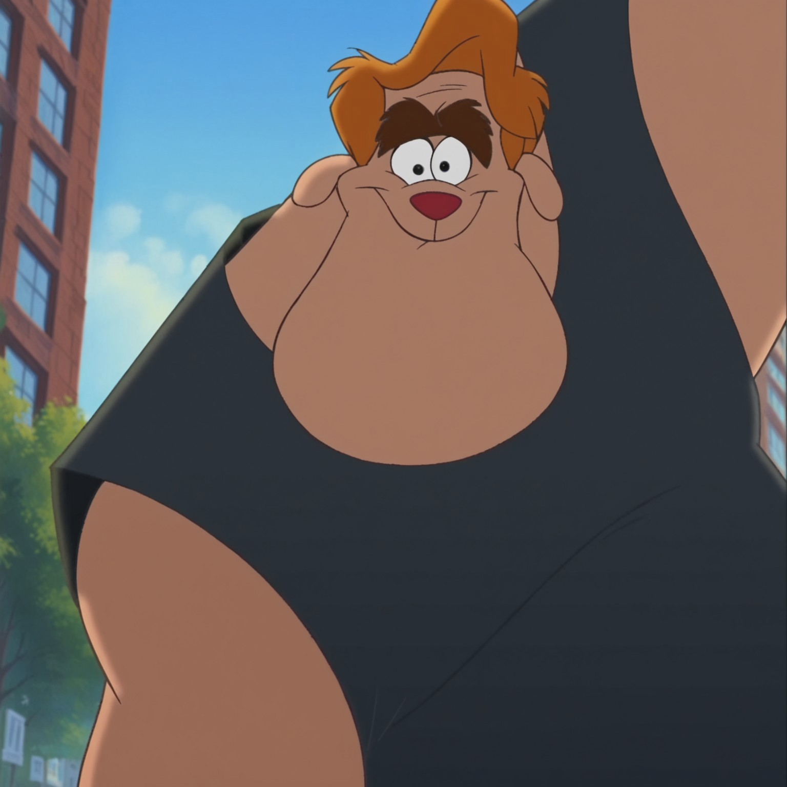 1boy, male, furry, thick eyebrows, fat, orange hair, black tank top, shorts, black eyes, red nose, fingerless gloves, black gloves, muscular, cartoon style, exaggerated proportions, expressive face, confident pose, broad shoulders, urban background, score_9, score_8_up, score_7_up, absurdres, intricate details, , masterpiece, best quality, amazing quality, source_anime, dynamic, screencap, high quality cg, DISNEY_ANIMATION, wearing shirt, tank top, shirt, 