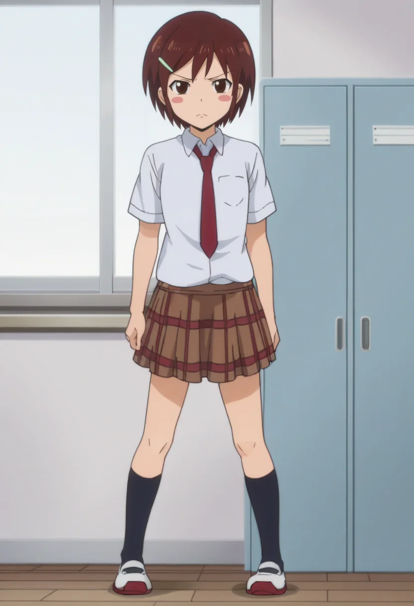 source_anime,anime screencap, anime coloring,intricate details,rating_explicit, masterpiece, best quality,
(best quality, absurd res, ultra detailed),,(4 finger:0.5),1girl, ((solo)), good eyes,perfect eyes,,detailed eyes, zPDXLxxx , zPDXL3,detailed, detailed face
BREAK
solo,indoors,standing,front view, full body,
ringo, 1girl, brown eyes, brown hair, short hair, blush stickers, hairclip, school uniform,
white shirt, short sleeves, necktie, skirt,
frown,
, <lora:add-detail-xl:2> <lora:Ringo:0.8>