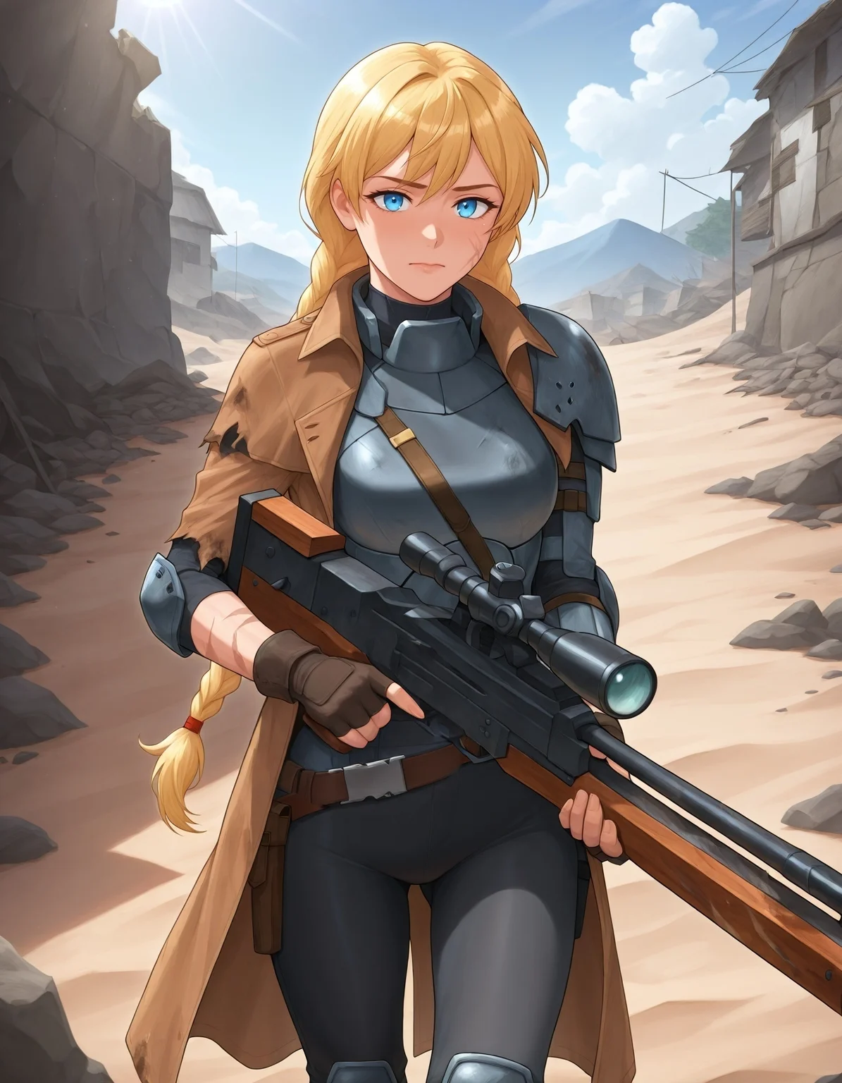 masterpiece, best quality, newest, absurdres, highres, detailed eyes, beautiful, detailed background, perfect eyes, (by leonzo), <lora:SlavYasIll:0.8> SlavYas, SlavYas, long braids, twin braids, hair tie, blonde hair, blue eyes,
RangerArmorStyle, veteran ranger armor, trench coat, grey armor, (torn clothes, damaged clothes:1.2), knee pads, elbow pads, fingerless gloves, scars across body,
vv4zooo, sniper rifle, holding rifle, four fingers,
wasteland, sand, ruins, (wrecks), buildings, town, woman, looking at viewer, medium breasts, cowboy shot, slim physique, fit, athletic, blurred background, sky, clouds, sunlight, outdoor, detailed, realistic style, bright lighting, summer, nature, casual, sunlight reflection, detailed background, soft shading, smooth textures, semi-realistic, environmental details, scenic,
<lora:Dramatic Lighting Slider:2.5> <lora:add-detail-xl:3> <lora:FNV_Ranger_Armor:1> <lora:Wasteland_Vixens:0.8> <lora:wa2000_ill_v2.2:1>