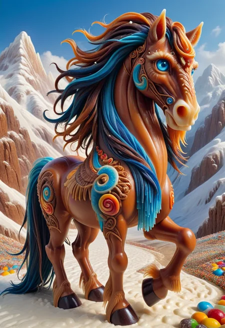 DonMC4ndyL4ndXL male tikbalang, mythical tall humanoid creature, horse head, mane hooved feet, fur, furry skin, mountains, mischievous, , golden age sculpted, central asian, deep blue eyes, pointed ears, unusual jaw, hollow cheeks, sloping forehead, triangle face shape, slender waist, cleft chin, dark auburn angular fringe hair, relief, practicing runic writing with devotion, strengthening their magic, high priest, protection charm , shrouding allies in protective auras, enhancing their defenses, radiant aura, candyland <lora:DonMC4ndyL4ndXL:1>