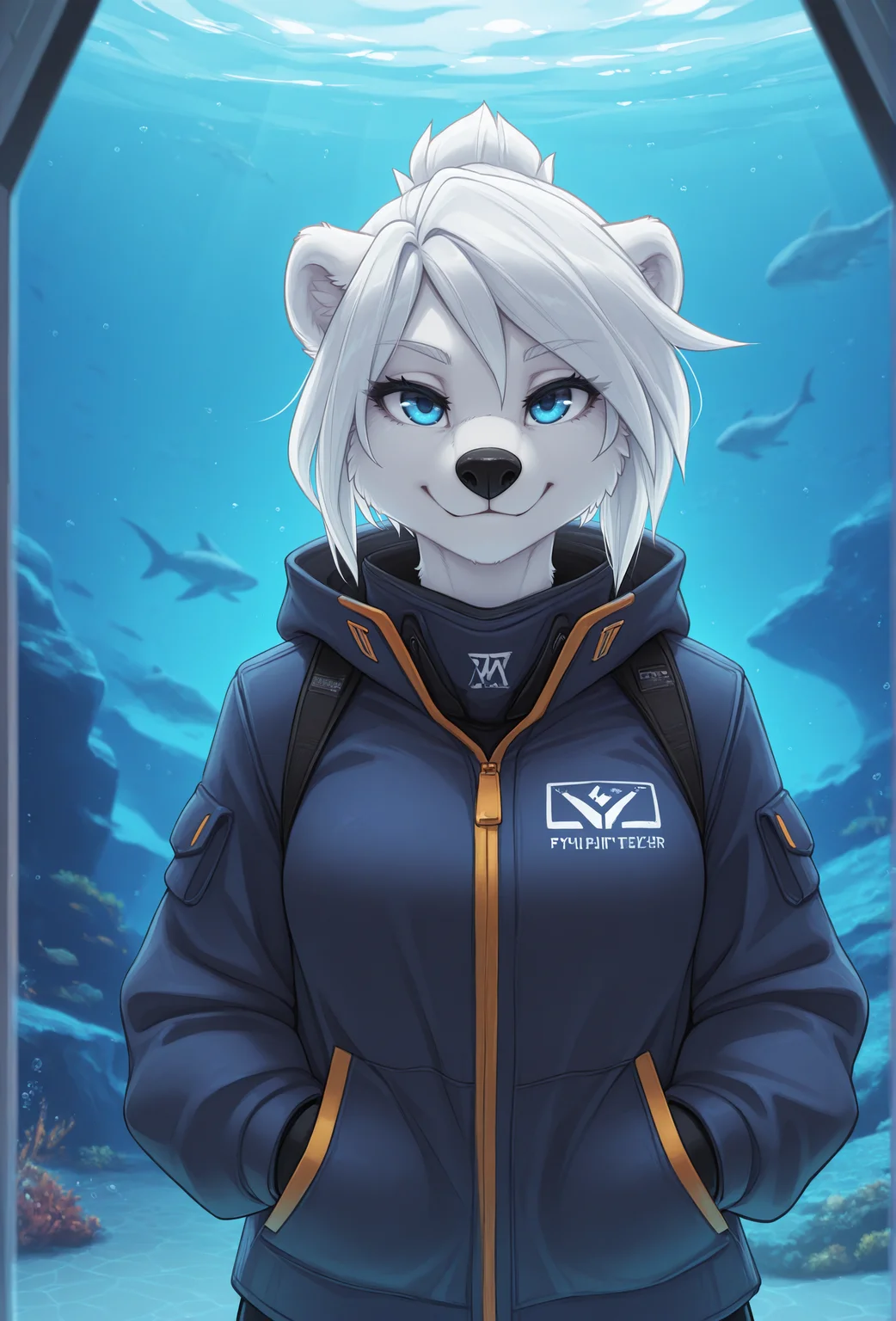 (masterpiece, best quality, very aesthetic, absurdres:1.2), 1girl, furry, science fiction, aquarium, polar bear, straight-on, jacket, looking at viewer, smile, <lora:fluffkevlar_style_illustrious_v1.7:1> fkstyle, white hair, blue eyes