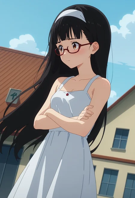 score_9, score_8_up, score_7_up, anime screencap, source_anime, 1girl, solo,
<lora:Kaju_Nukumizu_Makeine_V1:.85>, KJOkaju, black hair, brown eyes, blunt bangs, long hair,
white sundress, bare shoulders, expressionless, looking to the side, blush, embarrassed, glasses, white headband,
crossed arms, wind, dutch angle, 
rooftop,
(Beautiful, small Breasts:1.2),