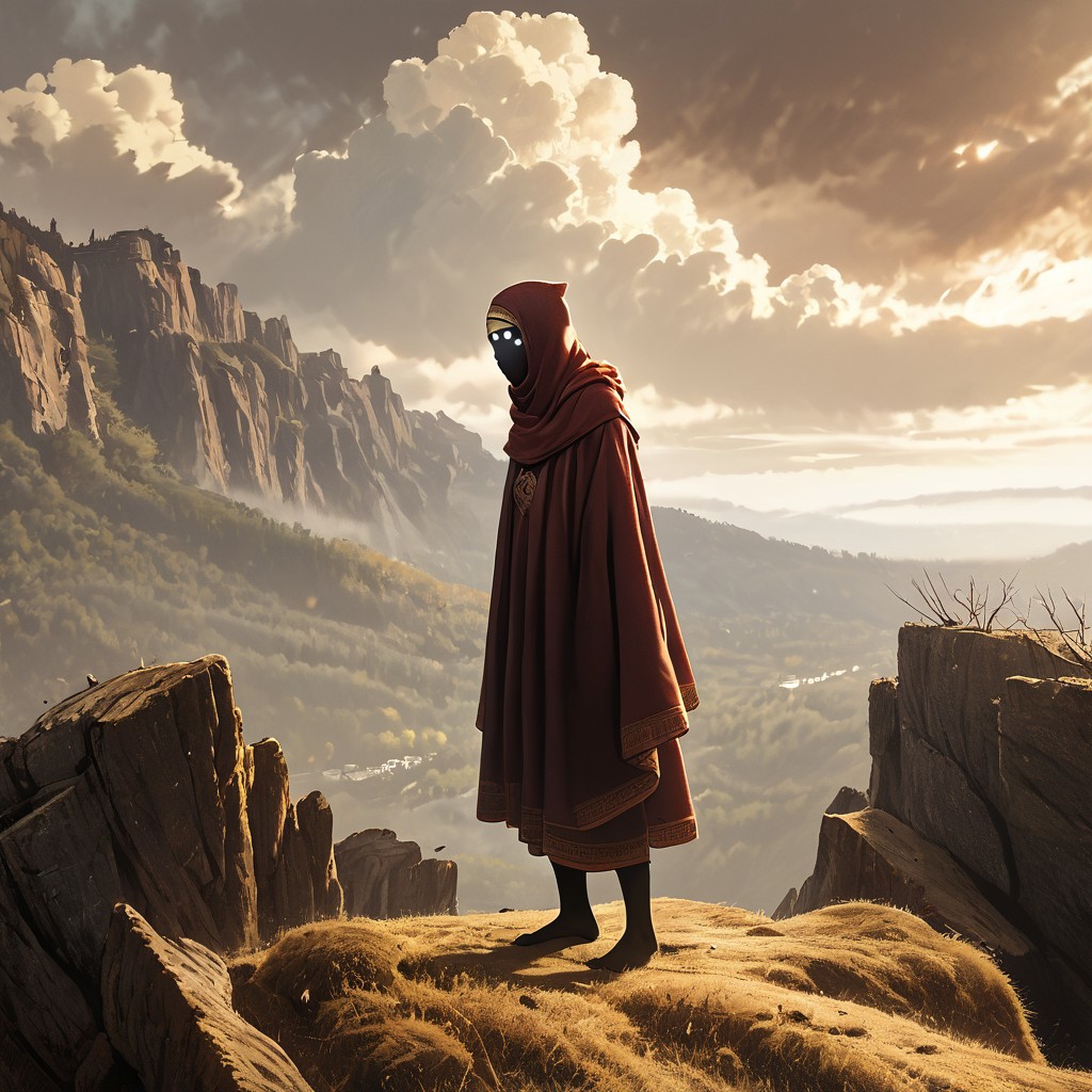 score_9, score_8_up, score_7_up, rating_safe, realistic, Traveler,white eyes,black skin,blank eyes,no mouth,featureless feet,hooded cloak,hood up,robe,ofuda,scarf,golden headband, looking away, outside, cliff, mountains, clouds, high quality, masterpiece, confused, lost,