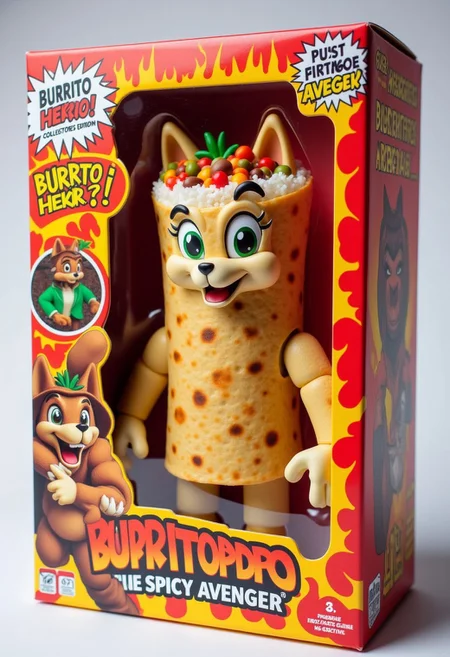highly detailed and vibrant 3D render of an anthropomorphic burrito action figure displayed in its original packaging. The burrito should have a playful, superhero-like design, with a tortilla wrap as its body, a face with expressive eyes and a mischievous grin, and limbs made of rice, beans, and other fillings. The packaging should resemble a classic action figure box, with a clear plastic window showcasing the figure, bold text that reads 'Burrito Hero: The Spicy Avenger,' and vibrant graphics featuring flames, chili peppers, and a comic book-style background. Include small details like a 'Collector's Edition' badge, nutritional facts as a joke, and a dynamic pose for the burrito figure inside the box. The overall style should be fun, colorful, and appealing to both kids and collectors.