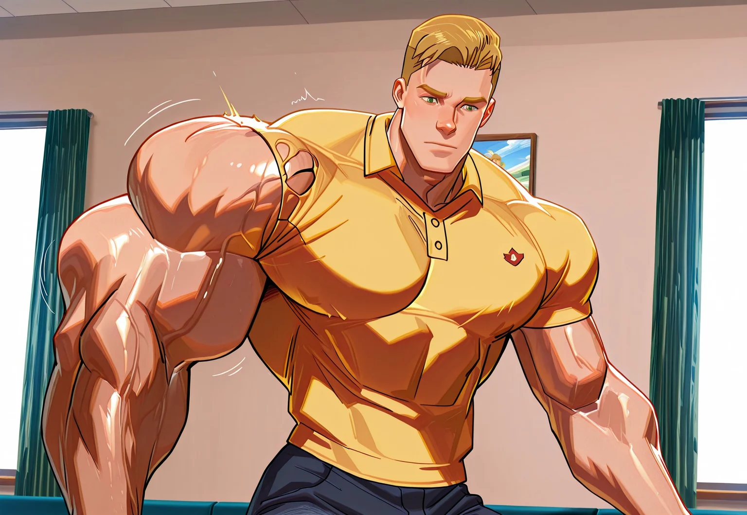 score_9, score_8_up, score_7_up, score_6_up, score_5_up, score_4_up, high quality, (detailed eyes:1.5), (detailed face), ((perfect face)), master piece, best high quality, ultra details, intricate details, male focus, detailed body, detailed background, perfect anatomy, masterpiece, high quality, best quality, amazing quality, very aesthetic, absurdres, rick, blonde hair, green eyes, yellow polo shirt, uneven muscle growth, (uneven arm growth:1.5), uneven shoulder growth, uneven pec growth, muscular, muscular male, masculine, handsome, torn clothes
