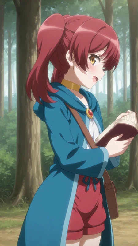 score_9, score_8_up, score_7_up, derpibooru_p_95, uncensored, masterpiece, absurdres, source_anime, <lora:hand 4:1>, perfection, 1girl, solo, standing, looking at viewer, holding open book, sly smile, sly eyes, open mouth, blush, forest, profile, cowboy shot, BREAK, <lora:IL_Jayda_Goblin_no_Suana:0.8>, jayda, yellow eyes, red hair, medium hair, twintails, white blouse, red shorts, blue cloak, gold choker, satchel,