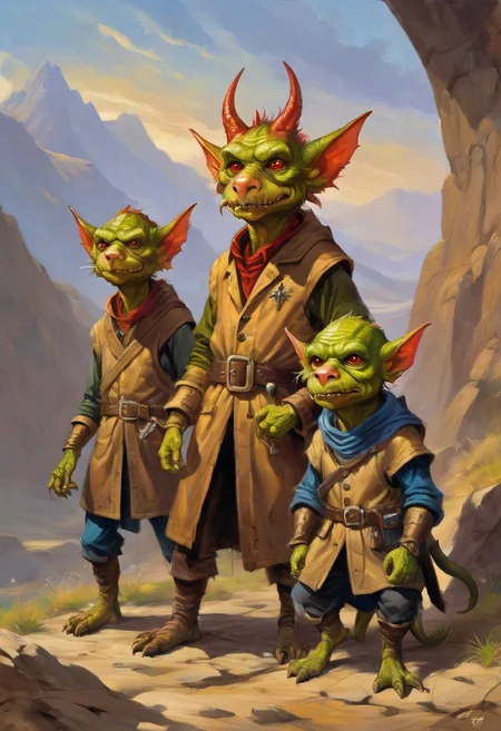 a painting of 3 kobolds in a wizard's trench coat, kobold wizard mafia, cute fantasy art, art, oil painting, digital painting
Furry Creatures or Goblin-like Beings, diminutive, humanoid figures, gnome-like, furry goblin-like beings with cute exaggerated features, dog-dragon like
Elmore_Style_LX, in the style of jeff-easley