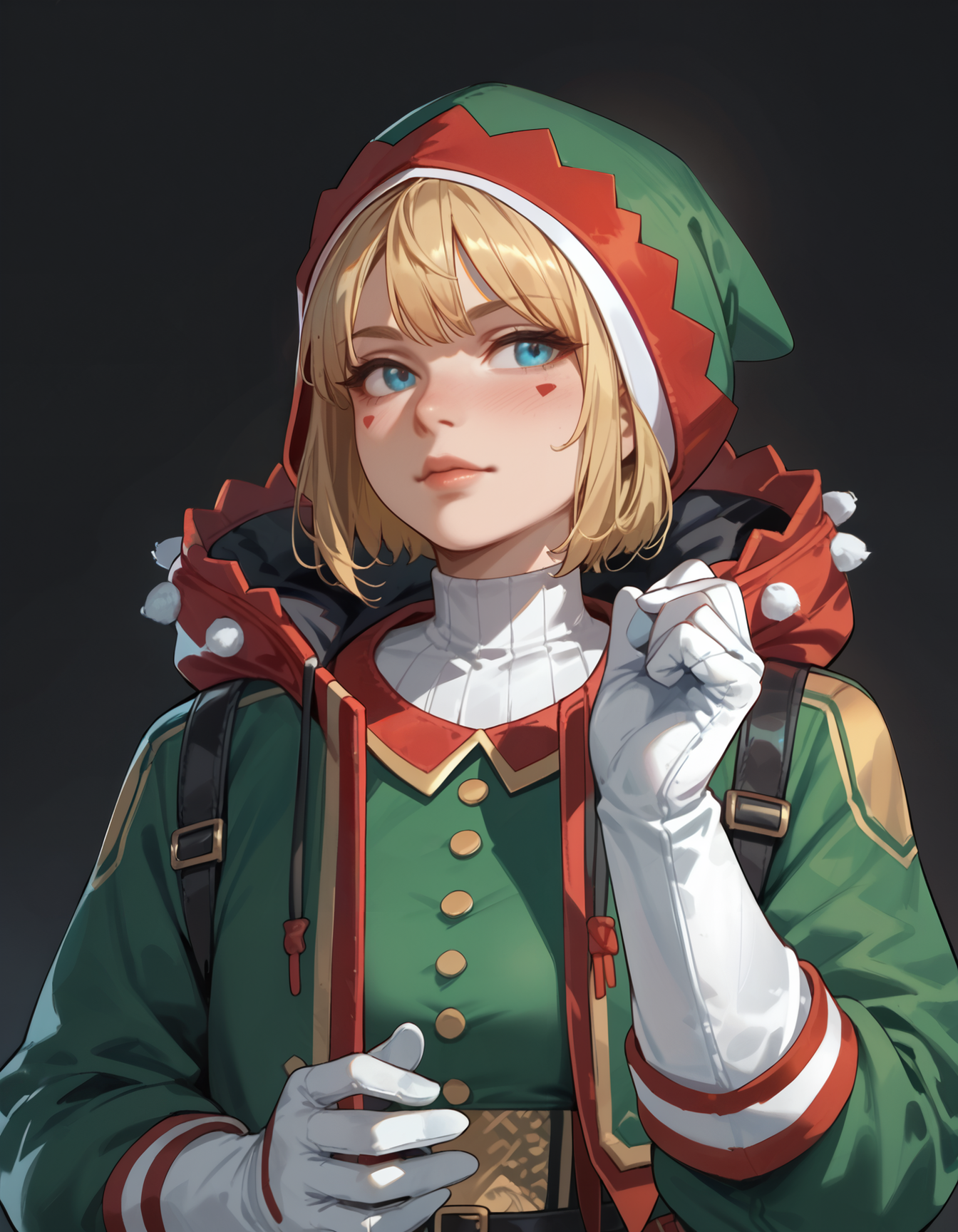 (embedding:Pony_PDXL_Negative_Embeddings\zPDXL2),dark background,(upper body:1.2),(portrait:1.2),(looking_to_the_side:0.9),(from side:0.35),pdrshk,1girl,solo,blue eyes,blonde hair,short hair,headwear,hat,green hat,(red hat:0.6),hood,red hood,white gloves,jacket,green jacket,bodysuit,green bodysuit                                 <lora:MyTrainings\Temp\Wattson_Shocking_Stuffer_XL_Pony_ARZUMATA.safetensors:0.7>