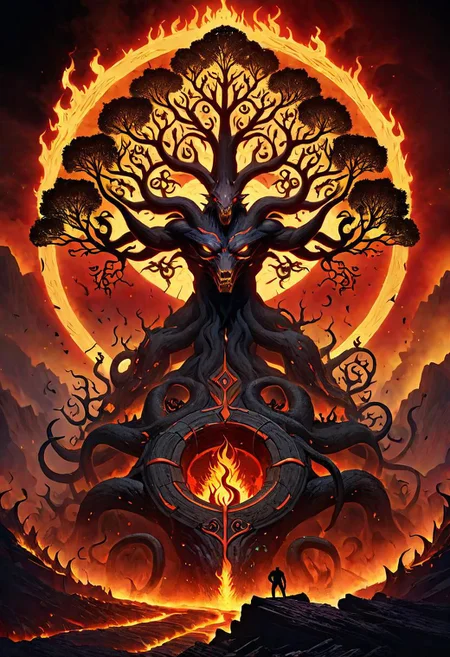 ncrender of the tree of knowledge as a demonic beast surrounded by the inferno