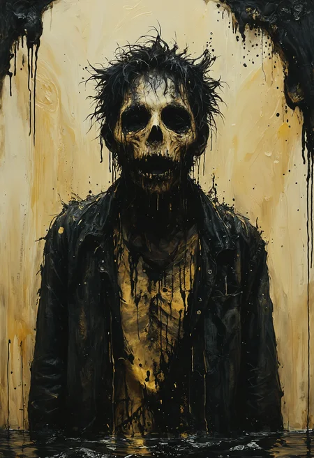 Ghoul emerging from the depths of darkness, Golden hour, <lora:Melting_world:0.8>, <lora:gorgoeus_splash_of_vibrant_paint:0.7> Gorgeous splash of vibrant paint