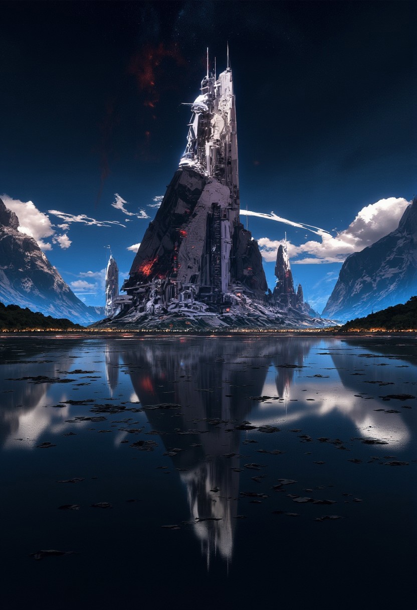 oil painting, rough, textural, broad brush strokes, a futuristic sci-fi city with tall, perfectly reflected in a tranquil, still lake, at night, surreal colours, detailed night sky with stars and nebulas, mythp0rt