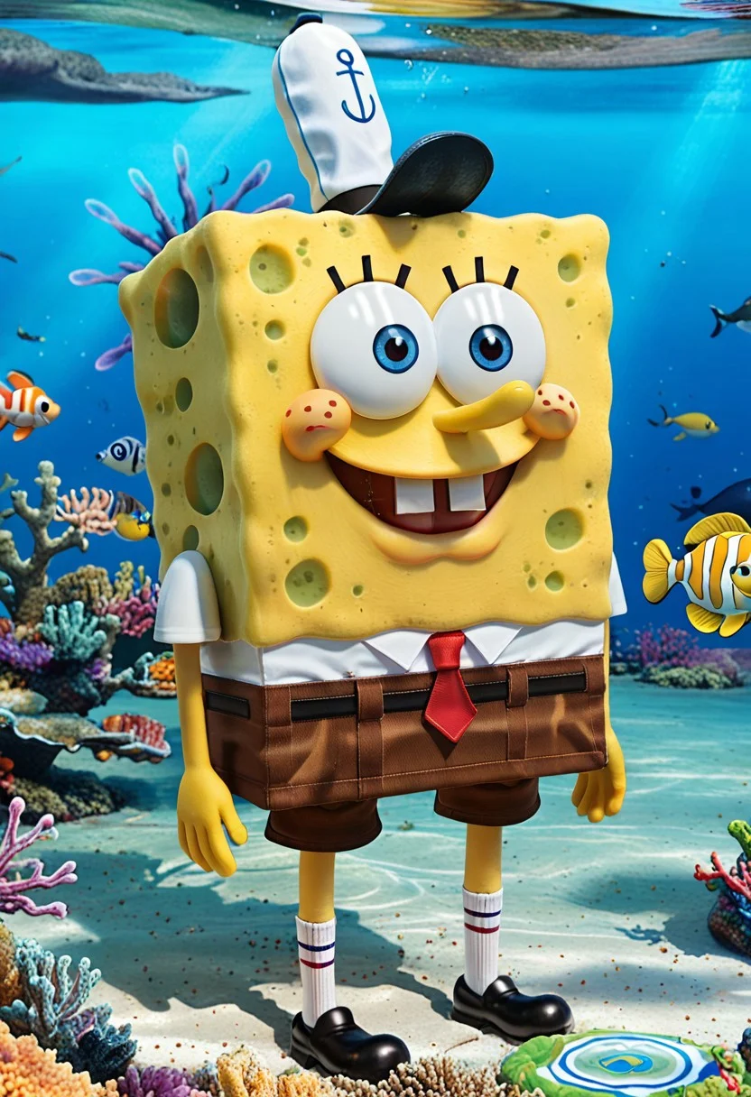 score_9, score_8_up, score_7_up,score_9, score_8_up, score_7_up, ((cowboy shot)), standing, ocean, BREAK, ((High fantasy art style)), solo, spongebob, blue eyes, brown pants, red tie, white shirt, black shoes, yellow skin, striped white socks, krusty krab hat , ((long brown hair)), ((riding seahorse), ((under water)), ((detailed blue eyes)), ((Masterpiece), (absurdres), (shadowy), (mysterious), smile
