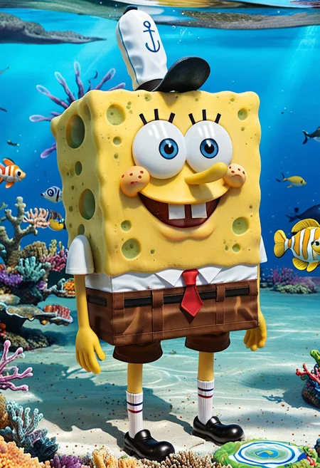 score_9, score_8_up, score_7_up,score_9, score_8_up, score_7_up, ((cowboy shot)), standing, ocean, BREAK, ((High fantasy art style)), solo, spongebob, blue eyes, brown pants, red tie, white shirt, black shoes, yellow skin, striped white socks, krusty krab hat , ((long brown hair)), ((riding seahorse), ((under water)), ((detailed blue eyes)), ((Masterpiece), (absurdres), (shadowy), (mysterious), smile