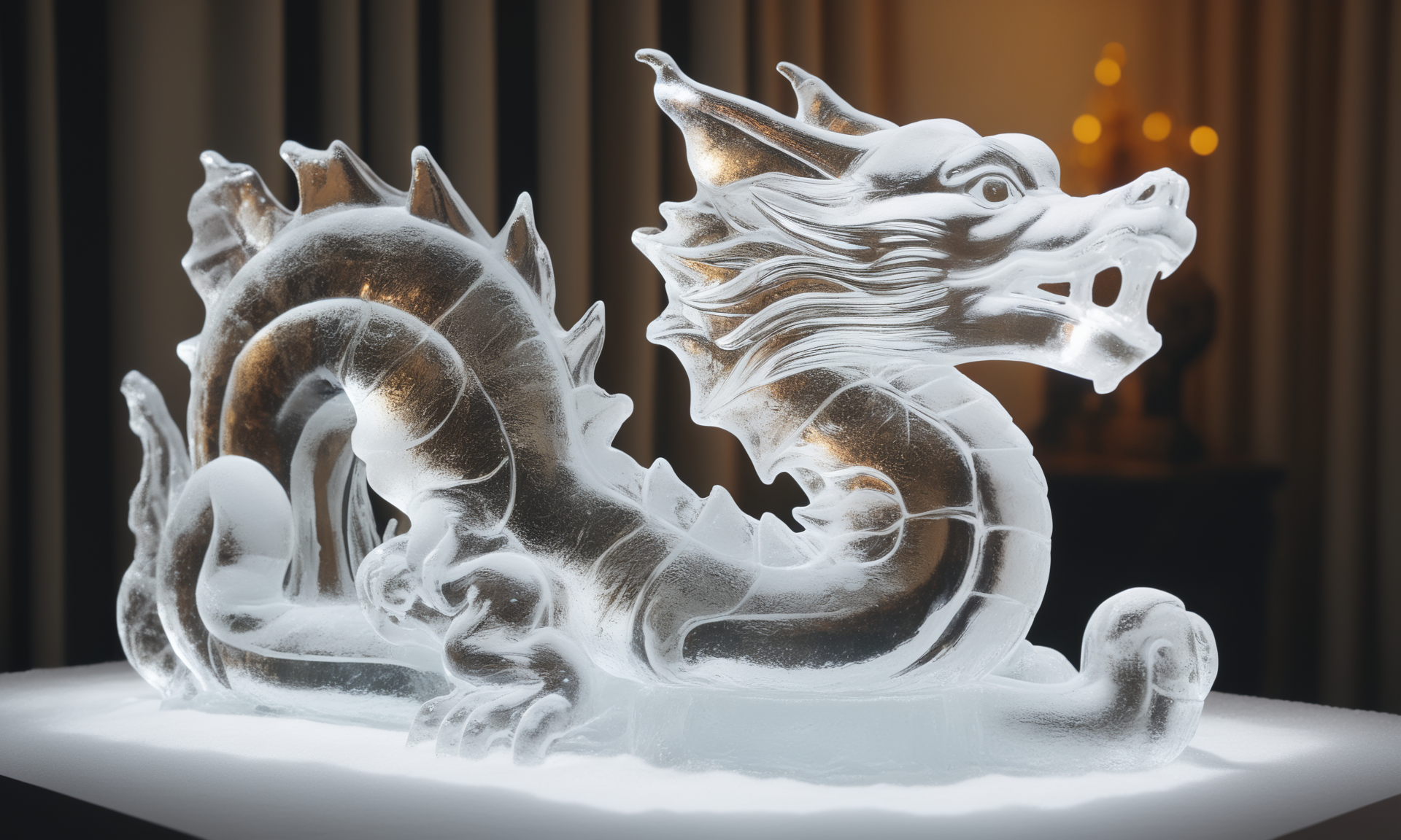 <lora:icecarvingcd_xl-000013:0.8>,close-up,a chinese dragon sculpture made of (icecarvingcd_xl,transparent:1.2,see-through:1.2,air bubble,cracked:1.3,broken:1.3,melting ice:1.3) on table,chilled,indoors,living room,simple background,no humans,fine art,detailed,hi-res photo, emotional,harmonious,high budget,moody,epic,gorgeous,perfect lighting,realistic,photorealistic,photographic,photo (medium),real,moody lighting,volumetric lighting,reality ray tracing,8K,HDR,UHD,masterpiece,best quality,highly detailed,high resolution,finely detail,extremely detailed,ultra detailed,wallpaper