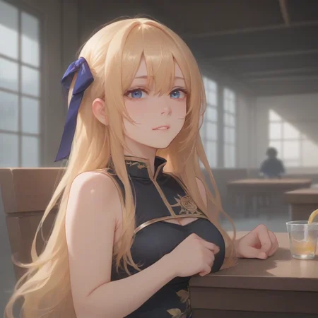 score_9, score_8_up, score_7_up, best quality, masterpiece, source_anime, zPDXL, zPDXL_xxx, BREAK
in chinese restaurant, <lora:ponyRealistic_v1-gamma:-0.7>,
1girl,, <lora:add-detail-xl:1> <lora:detail_eyes:0.5>, <lora:enjou_genmu_tan:1>, blonde hair, long hair, jin-lian, black hair flower, purple hair ribbon, side slit, black china dress,, biting lip, biting the lower lip with a flirtatious expression, conveying playfulness and allure