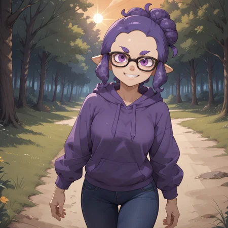 score_9, score_8, BREAK, solo, splatoon, inkling, female inkling, 1girl, tentacle hair, purple hair, single hair bun, purple eyes, glasses, cute, purple eyebrows, purple hoodie, purple jeans, purple shoes, breasts, Jeanette_Romero_(\OC_Inkling\), sexy pose, self portrait, smile, outdoors, sunlight, shadows, evening lighting, natural lighting, forest, trees, grass, orange sky, sunset