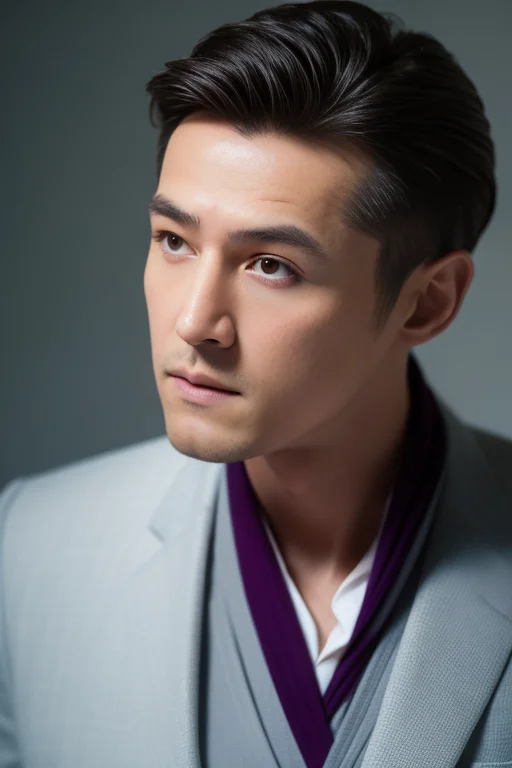 A portrait of a handsome man,best quality,masterpiece, Simple grey background,85mm <lora:huge_v2:1>,huge/nice,