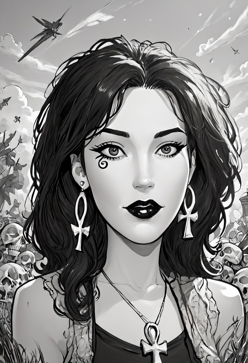 score_9, score_8_up,source_photo,hyper-realistic,perfect lighting,realistic lighting,high quality, Comet Gurl
Break
dsk_death, 1girl, earrings, jewelry, necklace, ankh necklace, monochrome, traditional media, sketch, black lips, cross earrings, long hair, lipstick, makeup, skull, looking at viewer, comic art style, death_of_the_endless\(sandman\), greyscale, monochrome, cinematic angle, cinematic lighting, BREAK zPDXL2 PonyXLV6_Scores