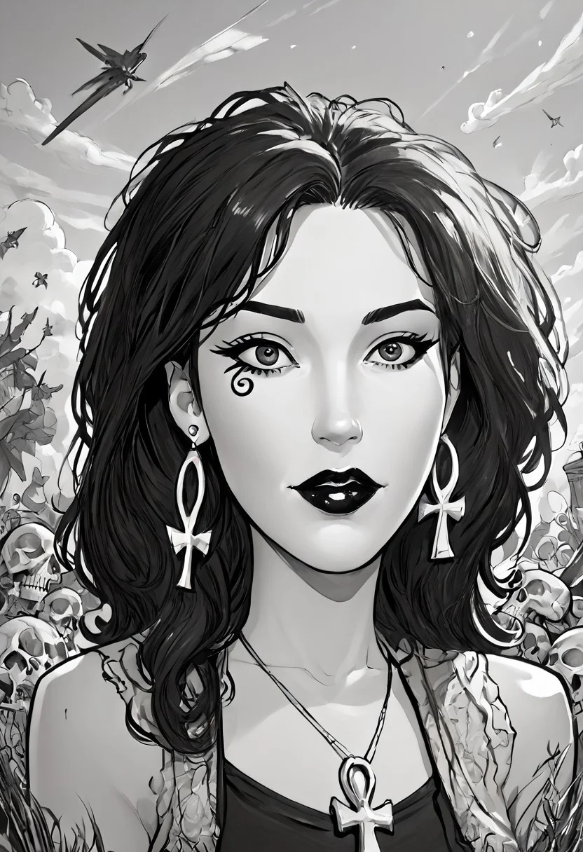 score_9, score_8_up,source_photo,hyper-realistic,perfect lighting,realistic lighting,high quality, Comet Gurl
Break
dsk_death, 1girl, earrings, jewelry, necklace, ankh necklace, monochrome, traditional media, sketch, black lips, cross earrings, long hair, lipstick, makeup, skull, looking at viewer, comic art style, death_of_the_endless\(sandman\), greyscale, monochrome, cinematic angle, cinematic lighting, BREAK zPDXL2 PonyXLV6_Scores