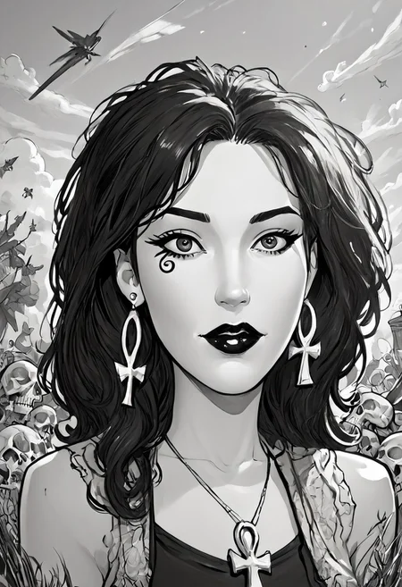 score_9, score_8_up,source_photo,hyper-realistic,perfect lighting,realistic lighting,high quality, Comet Gurl
Break
dsk_death, 1girl, earrings, jewelry, necklace, ankh necklace, monochrome, traditional media, sketch, black lips, cross earrings, long hair, lipstick, makeup, skull, looking at viewer, comic art style, death_of_the_endless\(sandman\), greyscale, monochrome, cinematic angle, cinematic lighting, BREAK zPDXL2 PonyXLV6_Scores
